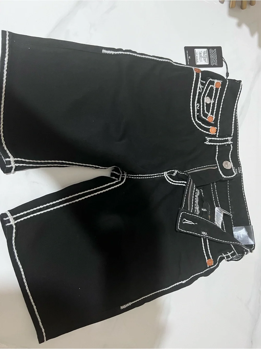 True Religion Black Jean Shorts with White Contrast Stitching